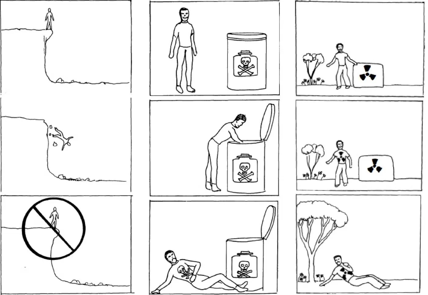 Three-panel sequence of proposed nuclear waste warning illustrations using danger symbols, physical barriers, and injured figures